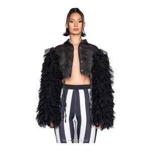 NEW AZALEA WANG Black Ruched Denim Oversized Ruffle Sleeve Cropped Jacket 3XL